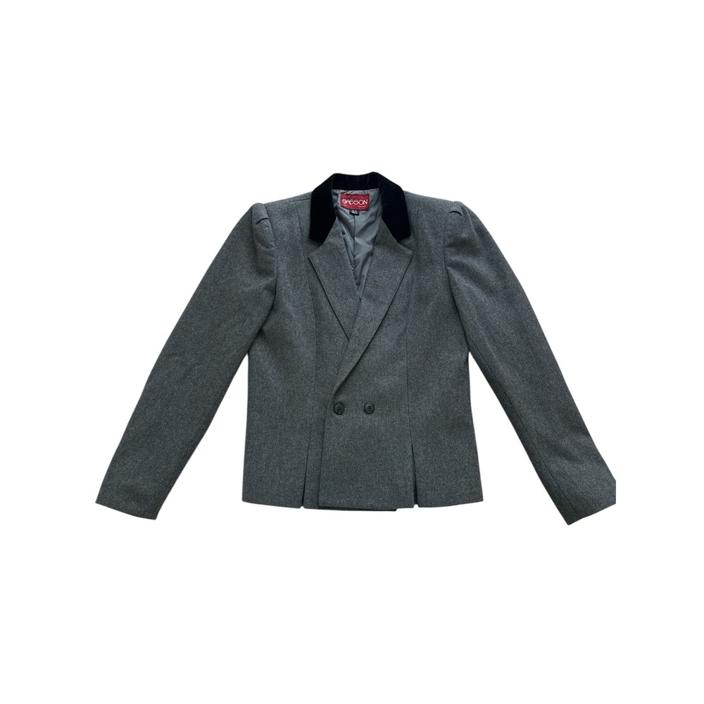 Sasson‎ Vintage Blazer Jacket Women's Size 8/9 Gray Velvet Collar Shoulder Pads
